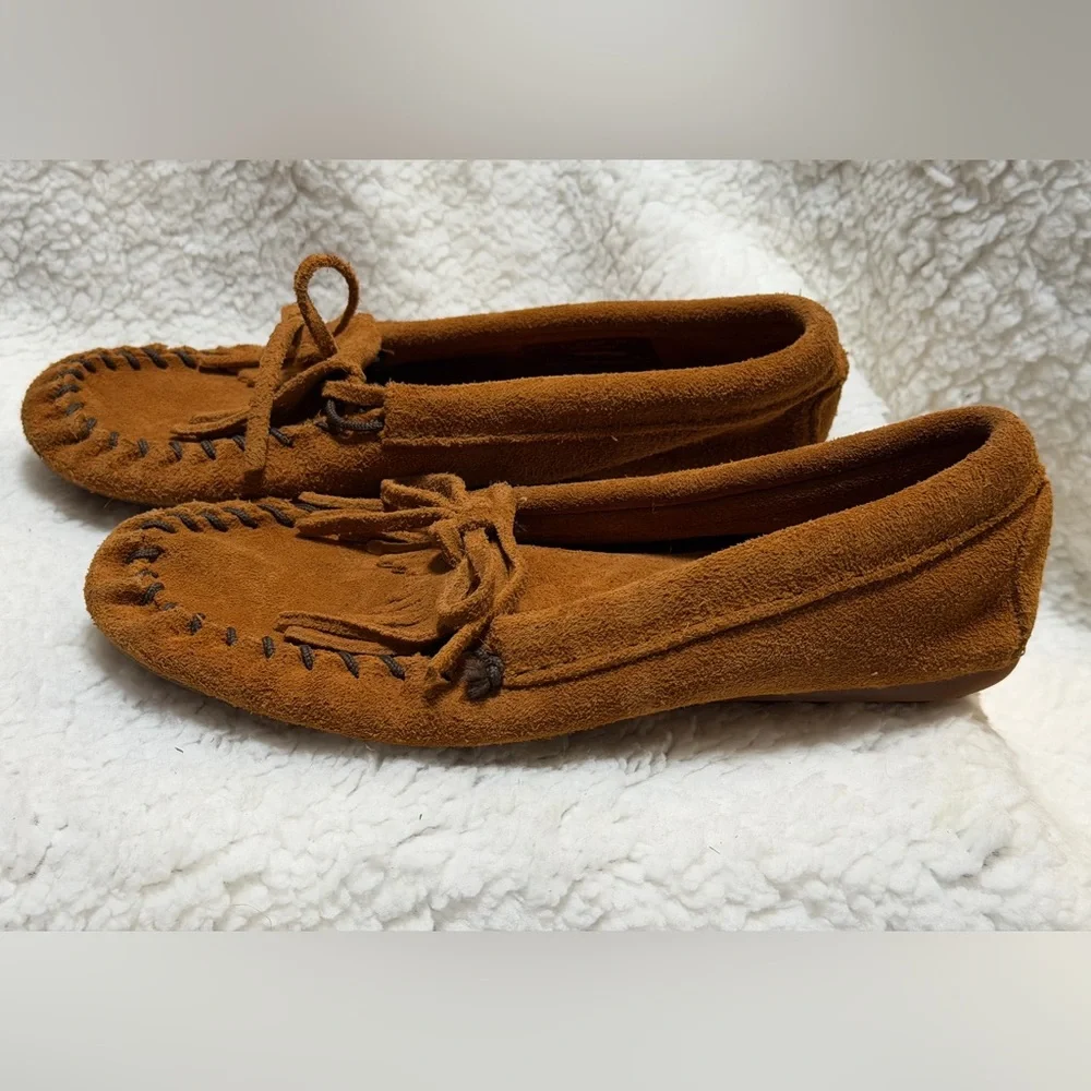 Minnetonka Kid’s Kilty Softsole Suede Leather Comfort Moccasins Tan Size 3